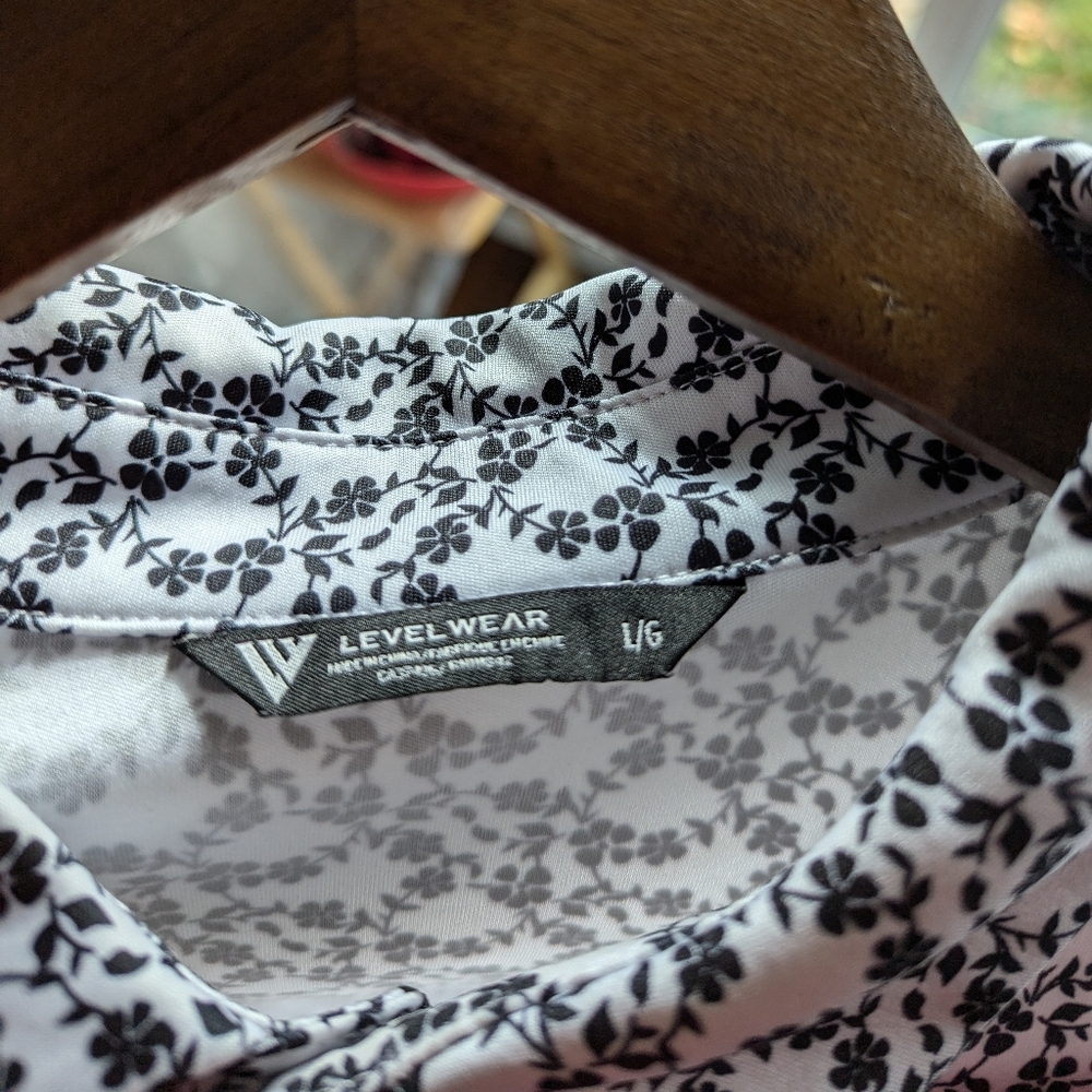 Level Wear Mens Polo Golf Shirt Floral Print Black and White Short sleeve Size L - Picture 3 of 7